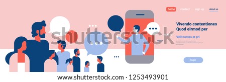 people chat bubbles mobile application communication speech dialogue man woman character background portrait copy space banner flat