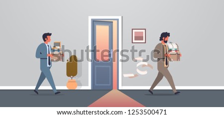 business man carrying box with things new workplace office door dismissed frustrated businessman go away dismissal and new job concept horizontal