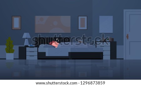man sleeping in bed covered with quilt tired guy sleep at night dark bedroom modern apartment interior male cartoon character flat horizontal full length