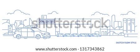 cars dealership center showroom building exterior with new modern vehicles cityscape background sketch flow style horizontal banner