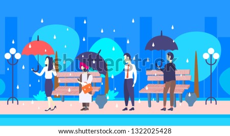 mix race businesspeople holding umbrella unprotected businessman under rain protection concept male female characters full length urban park cityscape flat horizontal