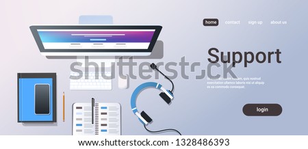 call center technician support service consulting concept top angle view desktop computer smartphone headphones organizer office stuff horizontal copy space