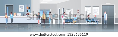 mix race patients standing line queue at hospital reception desk waiting hall doctors consultation healthcare concept medical clinic interior full length horizontal banner flat vector illustration
