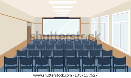 modern meeting conference presentation room interior with blue chairs and blank screen lecture seminar hall large sitting capacity empty no people horizontal