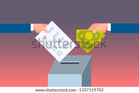 voter putting paper ballot list in box selling vote hand giving money during voting election corruption concept flat horizontal