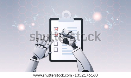 robot hands holding check list paper document ticking off check boxes top angle view artificial intelligence digital futuristic technology concept horizontal
