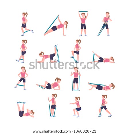 set sporty woman doing different exercises with resistance band girl training in gym stretching workout healthy lifestyle concept flat white background