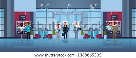 people standing line queue to withdrawing money ATM cash machine identification surveillance cctv facial recognition concept business center hall interior security camera system horizontal