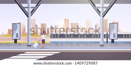 businesswoman running to catch train business woman with luggage on railway station city public transport female cartoon character cityscape background full length horizontal