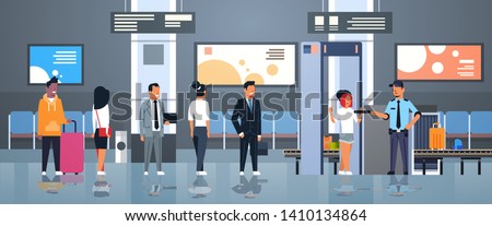 police officer checking passengers and luggage at metal detector x-ray gate full body scanner airport security check concept department terminal interior flat horizontal