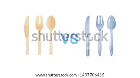 plastic vs stainless steel spoon fork and knife cutlery set zero waste concept flat white background