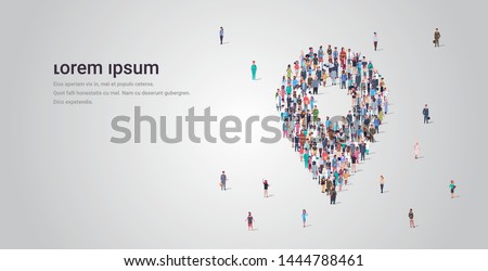 people crowd gathering in location geo tag shape social media community navigation concept different occupation employees group standing together full length horizontal copy space