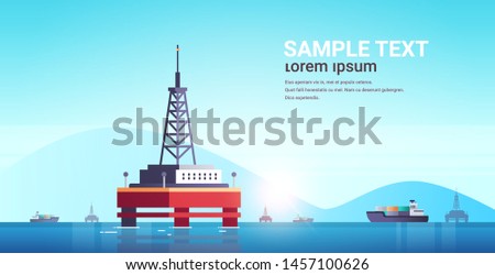 sea platform industrial offshore rig drilling facility power station in water oil industry concept seascape mountains background flat horizontal copy space