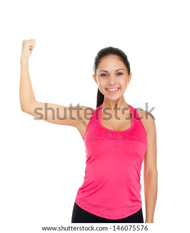 sport fitness woman flexing show her biceps muscles, young healthy smile girl athletic body, perfect figure isolated over white background