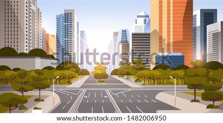 highway asphalt road with marking arrows traffic signs city skyline modern skyscrapers cityscape sunrise background flat horizontal