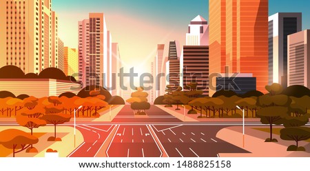 highway asphalt road with marking arrows traffic signs city skyline modern skyscrapers cityscape sunset background flat horizontal