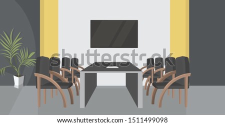 creative co-working cabinet with conference round table empty no people meeting room modern workspace office interior flat horizontal