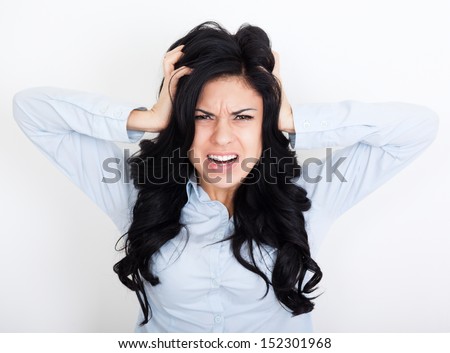 Frustrated Woman Cry Mouth Open Angry Scream Hold Hands Head Upset ...