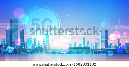 smart city 5G online communication network wireless systems connection concept fifth innovative generation of global high speed internet modern cityscape background flat horizontal banner vector