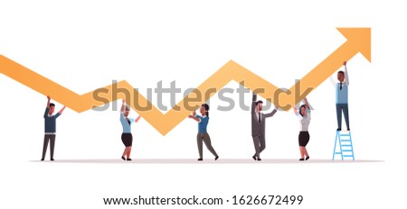 businesspeople holding upward financial arrow up teamwork successful business development growth concept mix race employees correcting direction of graphic horizontal full length vector illustration