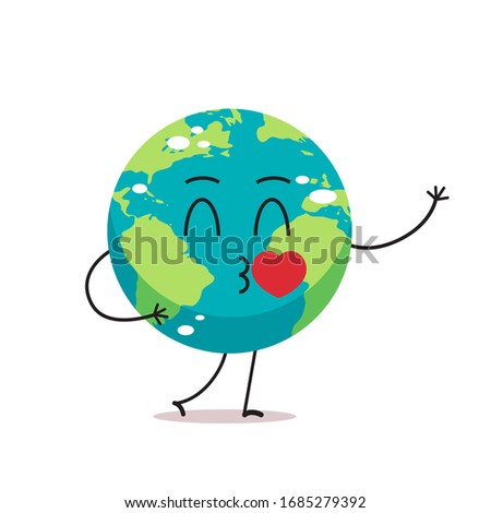 cute earth character blows kiss cartoon mascot globe personage with heart showing facial emotion save planet concept isolated vector illustration