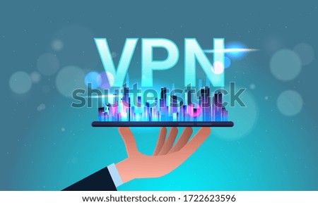 hand holding smartphone with city virtual private network cyber web security privacy concept secure vpn personal data protection horizontal vector illustration
