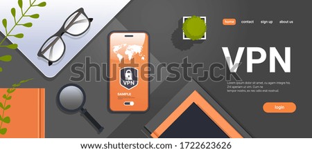 workplace desk top angle view smartphone with virtual private network cyber security and privacy concept secure vpn connection personal data protection shield horizontal copy space vector illustration