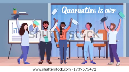 colleagues taking off face masks coronavirus quarantine is ending victory over covid-19 concept modern office interior horizontal full length vector illustration