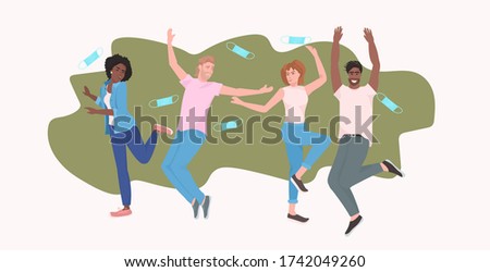 mix race people group taking off face masks celebrating victory over covid-19 coronavirus pandemic quarantine is ending horizontal full length vector illustration