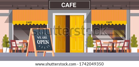 street cafe facade with we are open board urban building house exterior coronavirus quarantine is over horizontal vector illustration