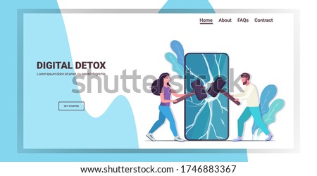 couple hitting smartphone screen with hammers digital detox rest from devices concept man woman abandoning internet and social networks horizontal full length copy space vector illustration
