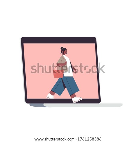 woman coming out of laptop screen digital detox concept girl spending time without gadgets abandoning internet and social networks full length vector illustration