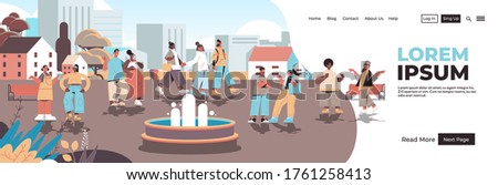 mix race people walking urban park no cellphone zone digital detox concept smartphone in prohibition sign abandoning internet social networks cityscape copy space horizontal vector illustration