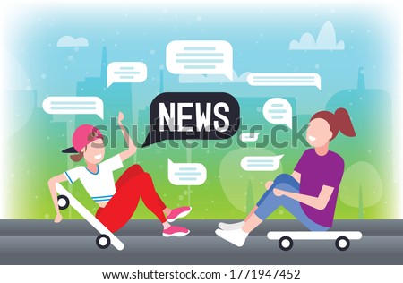 skaters couple sitting on skateboards discussing daily news chat bubble communication concept guy girl relaxing in urban park horizontal full length vector illustration