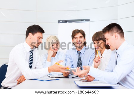 business people discussion on meeting, businessmen smile talking laughing, happy group businesspeople team sitting at desk in office, communicate