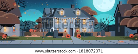 houses decorated for halloween holiday celebration home buildings front view with different pumpkins horizontal vector illustration