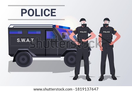police officers in tactical gear riot policemen couple standing together near car protesters and demonstration control concept full length horizontal vector illustration