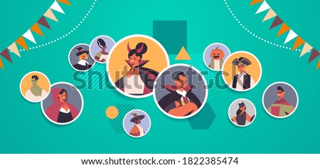 people in different costumes discussing during video call happy halloween party concept online communication portrait horizontal vector illustration