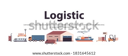 logistic transportation set trucks ship airplane train warehouse cargo symbols express delivery service concept copy space horizontal vector illustration