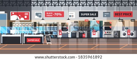 empty no people electronics market black friday big sale promotion discount shopping concept household appliances store interior horizontal vector illustration