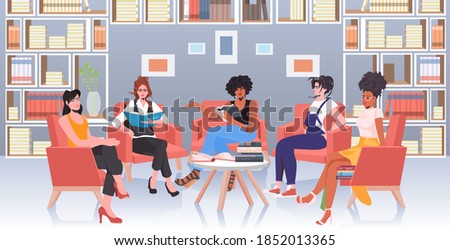 mix race women discussing during meeting in conference area female empowerment movement girl power union of feminists concept horizontal full length vector illustration