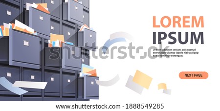 office wall of filing cabinet with open card catalog and flying documents data archive storage business administration concept copy space horizontal vector illustration