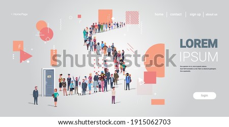 businesspeople candidates standing in line queue to door office hiring job employment concept different occupation workers group waiting for interview horizontal full length copy space vector