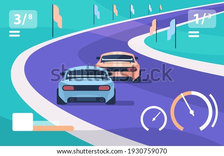 race cars driving road online platform video game level concept computer screen horizontal vector illustration