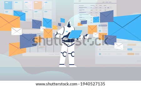 robot using laptop sending and receiving envelopes email letters artificial intelligence technology