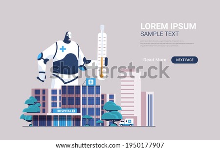 robot holding thermometer robotic assistant providing healthcare medical center concept