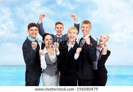 Successful excited Business people group team summer ocean vacation, young businesspeople travel smile hold fist ok yes gesture with raised hands arms, over sea blue sky