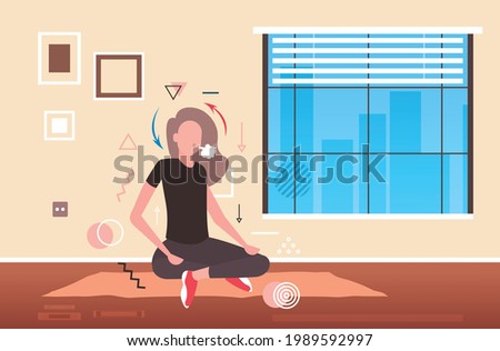 woman sitting lotus pose girl breathing oxygen and carbon dioxide transport cycle gas exchange concept living room interior horizontal full length