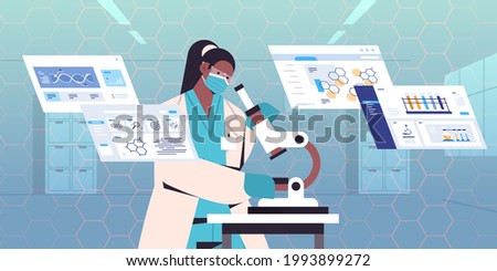 scientist looking to microscope researcher making microbiology research in lab DNA testing genetic engineering