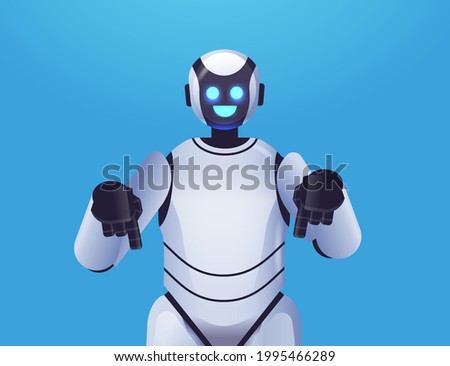 cute robot cyborg pointing at something modern robotic character artificial intelligence technology concept